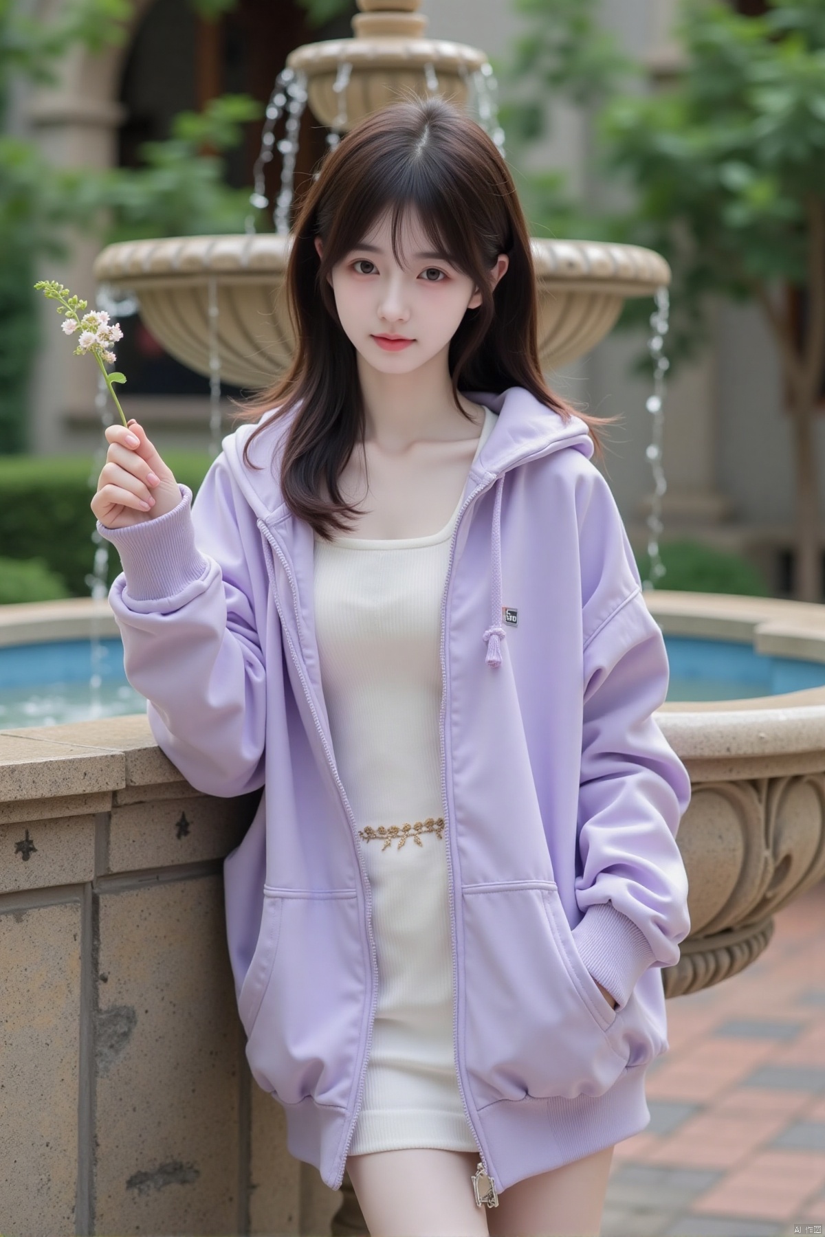 In the charming courtyard of the estate, a young Asian woman with shoulder-length, straight black hair and a sweet expression stands near a vintage fountain. Her hair is slightly damp, giving it a glossy appearance. She is wearing a borrowed long hoodie in a soft lavender, which adds a touch of elegance to her look. The hoodie is slightly open, revealing her long sleeves and a hint of her collarbone. Her posture is playful yet poised, as she leans against the fountain, one hand resting on the edge while the other holds a small, delicate flower. Her thighs are subtly visible, adding a sense of innocence and allure. The shot is taken from a diagonal angle, capturing her against the backdrop of the fountain and surrounding stone architecture, creating a timeless, romantic atmosphere.