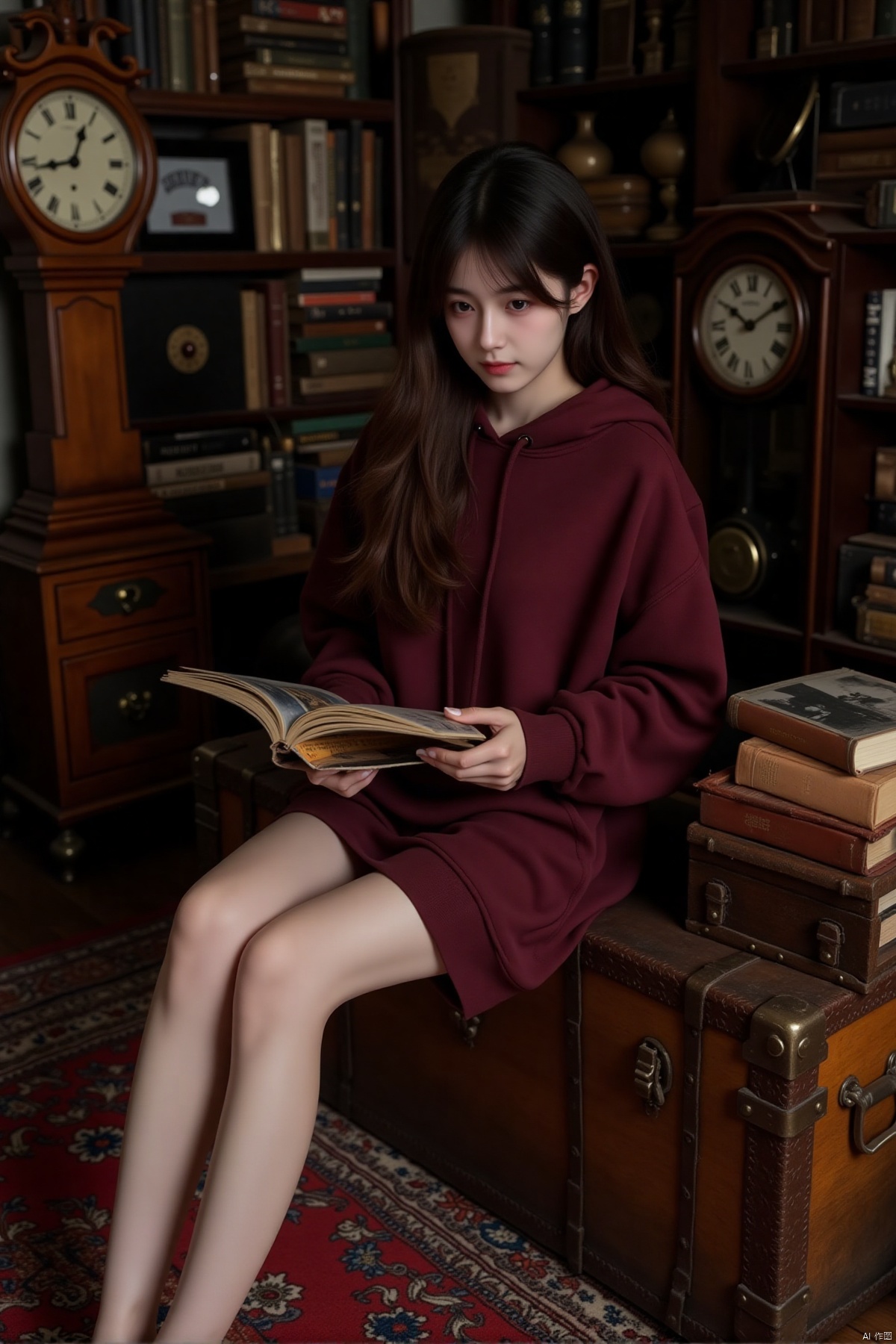 In the whimsical attic of the estate, a young Asian woman with long, wavy brown hair and a curious expression sits on an old wooden trunk. Her hair cascades down her back, giving her a bohemian vibe. She is wearing a borrowed long hoodie in a rich burgundy, which complements her olive skin tone. The hoodie is slightly oversized, allowing her long sleeves to drape over her arms. Her posture is relaxed as she flips through an old photo album, her thighs visible as she sits cross-legged. The shot is taken from above, capturing her seated on the trunk surrounded by vintage items like antique clocks and old books, creating a nostalgic and enchanting atmosphere.