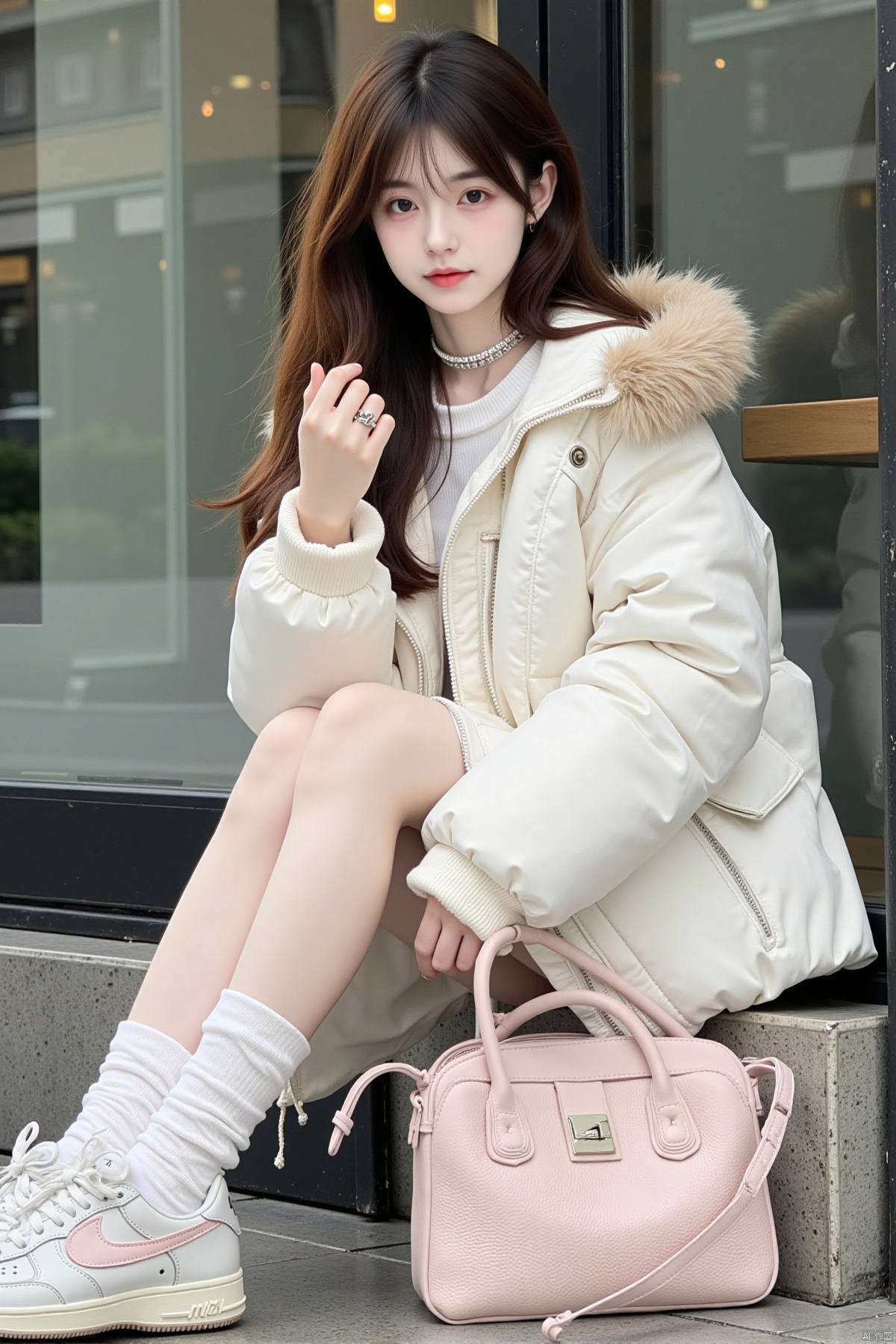 1girl,solo,long hair,looking at viewer,brown hair,long sleeves,jewelry,sitting,jacket,full body,shoes,choker,socks,necklace,bag,black eyes,lips,white footwear,ring,white jacket,white socks,sneakers,realistic
