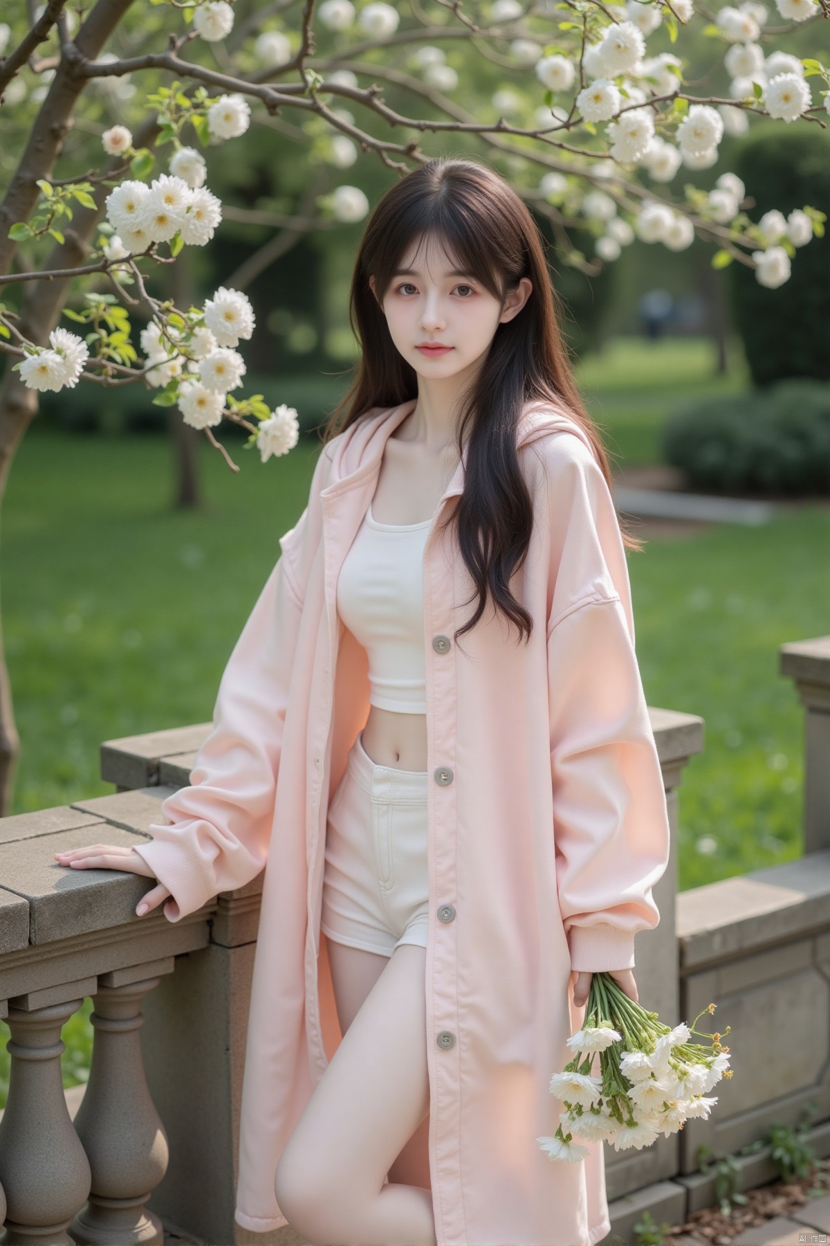 In a serene garden corner of the estate, a young Asian woman with long, straight black hair and delicate features stands gracefully. Her hair is slightly tousled by the gentle breeze, adding a natural charm to her appearance. She is wearing a borrowed long hoodie that drapes loosely over her shoulders, revealing a glimpse of her slender arms in long sleeves. The hoodie is a soft pastel pink, complementing her fair complexion. Her posture is relaxed yet poised, as she leans against a stone bench, one hand resting on the back of the bench while the other holds a small bouquet of flowers. Her thighs are subtly visible, adding a touch of innocence and allure. The shot is taken from a low angle, capturing her full figure against the backdrop of blooming flowers and lush greenery, creating a dreamy, romantic atmosphere reminiscent of a first love.