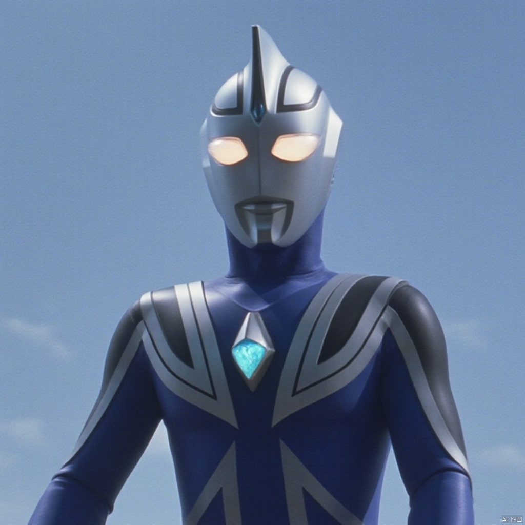ultraman,blue bodysuit,blue gloves,legwear,gloves,boots,cover,mask,plugsuit,armor,bodysuit,white pattern on body,blue tight-fitting,blue footwear,helmet,leather suit,latex,tokusatsu,no humans,science fiction,silver head,hard mask,no smile,no eyes,no nose,solo,blue rubber bodysuit with white line