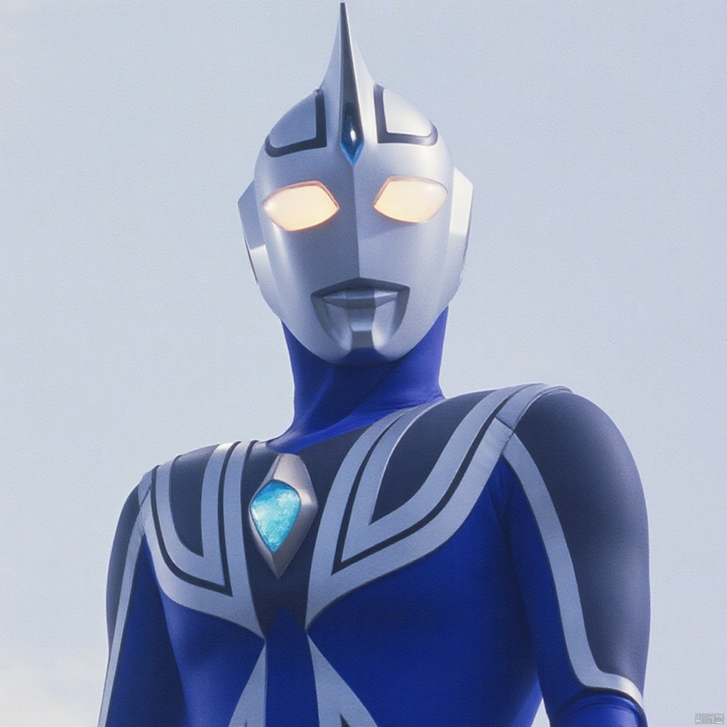 ultraman,blue bodysuit,blue gloves,legwear,gloves,boots,cover,mask,plugsuit,armor,bodysuit,white pattern on body,blue tight-fitting,blue footwear,helmet,leather suit,latex,tokusatsu,no humans,science fiction,silver head,hard mask,no smile,no eyes,no nose,solo,blue rubber bodysuit with white line