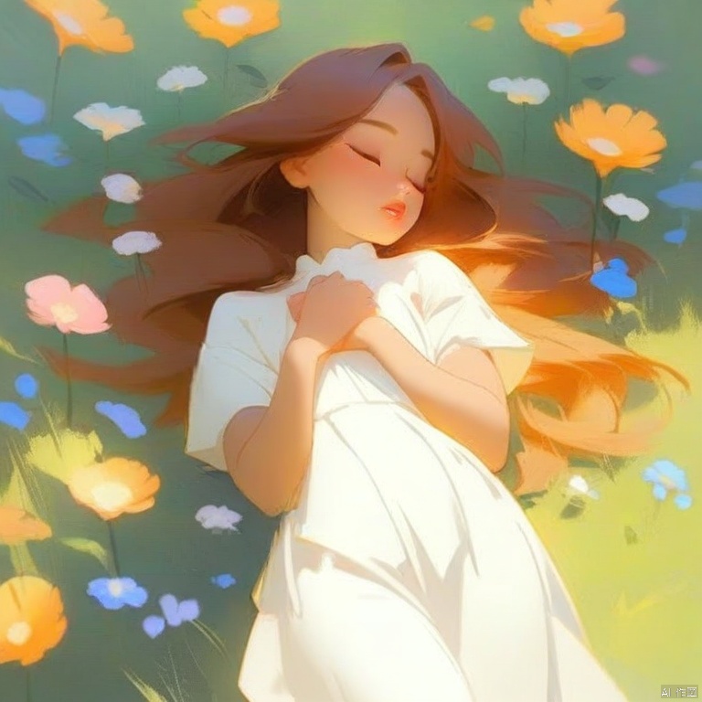 1girl, solo, long hair, brown hair, dress, closed eyes, flower, short sleeves, outdoors, lying, parted lips, on back, white dress, lips, book, from above, sunlight, own hands together, hands on own chest