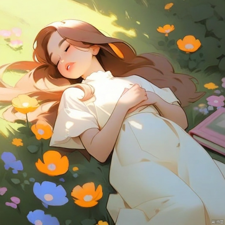 1girl, solo, long hair, brown hair, dress, closed eyes, flower, short sleeves, outdoors, lying, parted lips, on back, white dress, lips, book, from above, sunlight, own hands together, hands on own chest