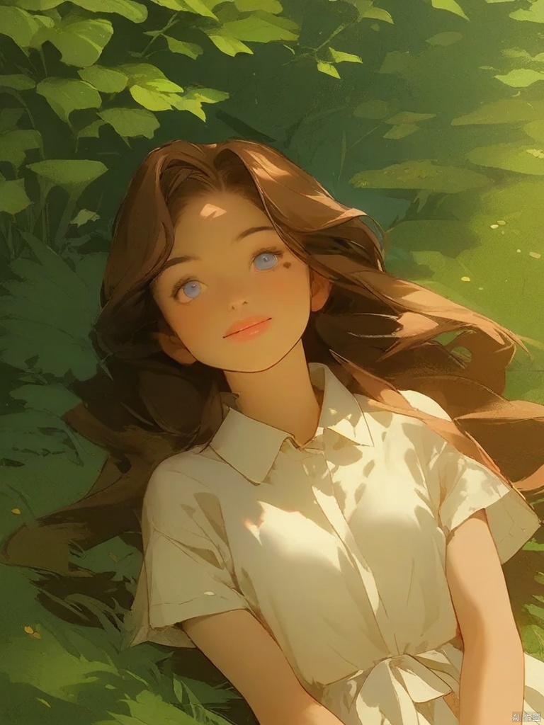 A serene scene unfolds: a single girl lies on lush green grass,Under the shade of the trees Leaf, Her long brown hair cascades down her back like a golden waterfall.  She wears a white collared shirt with short sleeves and a flowy white dress that drapes elegantly around her upper body..  Her lips curve into a subtle smile, while her eyes remain shut, lost in dreams. A book  beside her
