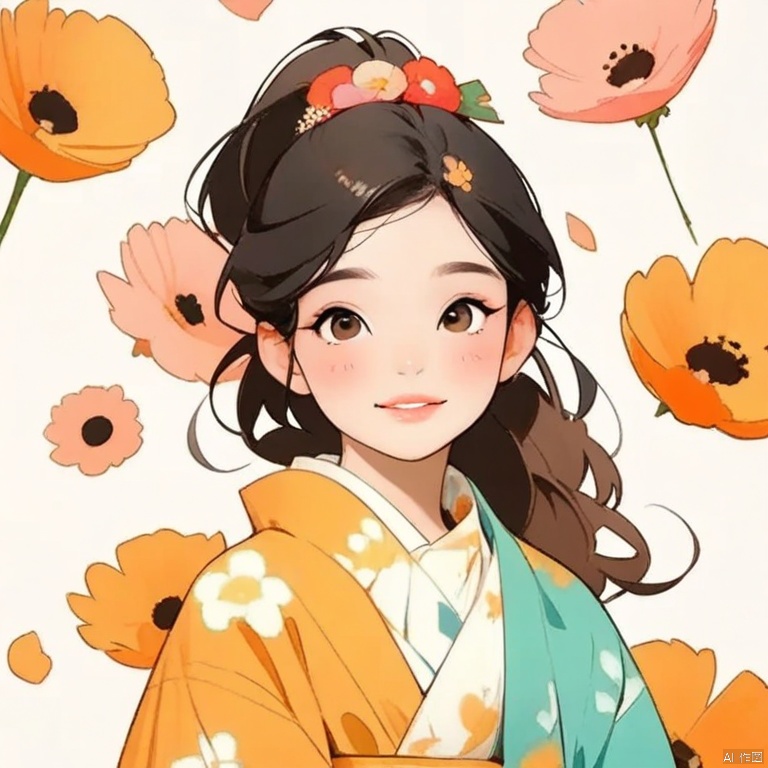 1girl, solo, long hair, looking at viewer, blush, brown hair, shirt, black hair, hair ornament, brown eyes, upper body, ponytail, flower, hair flower, lips, floral print