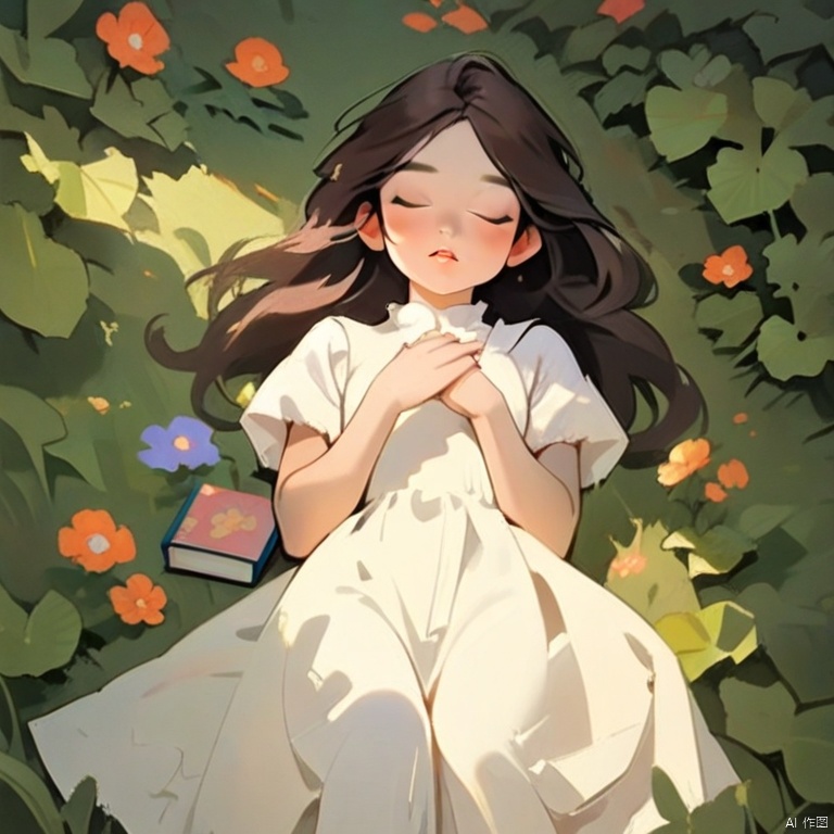 1girl, solo, long hair, brown hair, dress, closed eyes, flower, short sleeves, outdoors, lying, parted lips, on back, white dress, lips, book, from above, sunlight, own hands together, hands on own chest