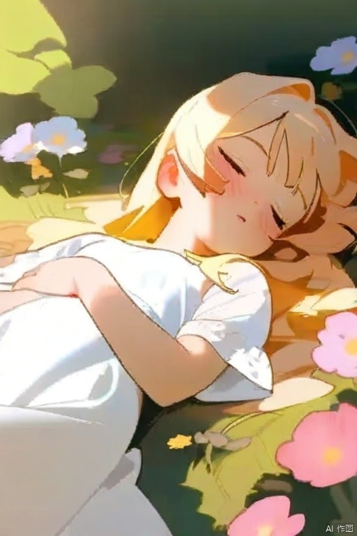 1girl, solo, blush, blonde hair, dress, closed eyes, flower, short sleeves, lying, on back, white dress, sleeping,sunlight
