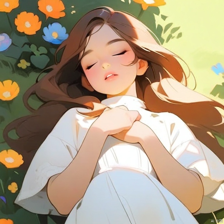 1girl, solo, long hair, brown hair, dress, closed eyes, flower, short sleeves, outdoors, lying, parted lips, on back, white dress, lips, book, from above, sunlight, own hands together, hands on own chest