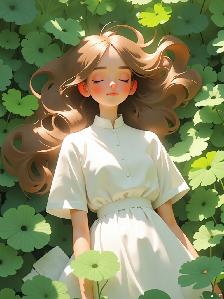A serene scene unfolds: a single girl lies on lush green grass,Under the shade of the trees Leaf, Her long brown hair cascades down her back like a golden waterfall.  She wears a white collared shirt with short sleeves and a flowy white dress that drapes elegantly around her upper body..   while her eyes remain shut, lost in dreams. A book  beside her