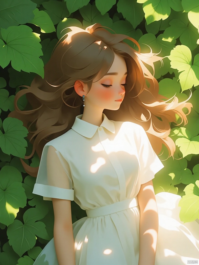 A serene scene unfolds: a single girl lies on lush green grass,Under the shade of the trees Leaf, Her long brown hair cascades down her back like a golden waterfall.  She wears a white collared shirt with short sleeves and a flowy white dress that drapes elegantly around her upper body..   while her eyes remain shut, lost in dreams. A book  beside her