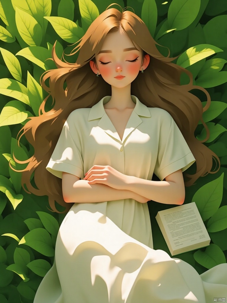 A serene scene unfolds: a single girl lies on lush green grass,Under the shade of the trees Leaf, Her long brown hair cascades down her back like a golden waterfall.  She wears a white collared shirt with short sleeves and a flowy white dress that drapes elegantly around her upper body..   while her eyes remain shut, lost in dreams. A book  beside her