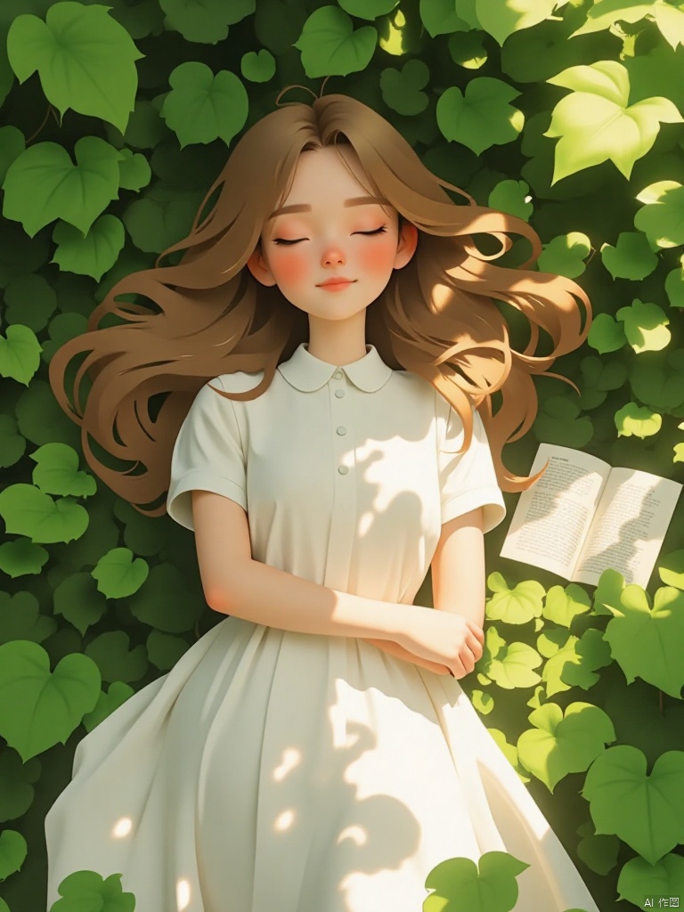 A serene scene unfolds: a single girl lies on lush green grass,Under the shade of the trees Leaf, Her long brown hair cascades down her back like a golden waterfall.  She wears a white collared shirt with short sleeves and a flowy white dress that drapes elegantly around her upper body..   while her eyes remain shut, lost in dreams. A book  beside her