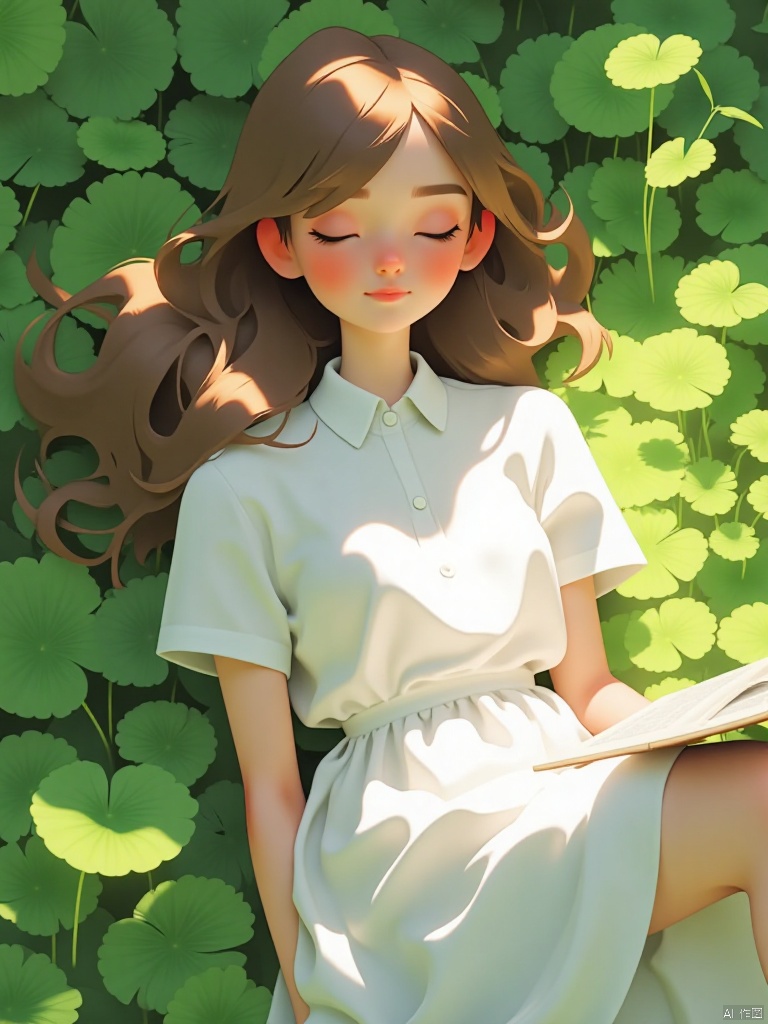 A serene scene unfolds: a single girl lies on lush green grass,Under the shade of the trees Leaf, Her long brown hair cascades down her back like a golden waterfall.  She wears a white collared shirt with short sleeves and a flowy white dress that drapes elegantly around her upper body..   while her eyes remain shut, lost in dreams. A book  beside her