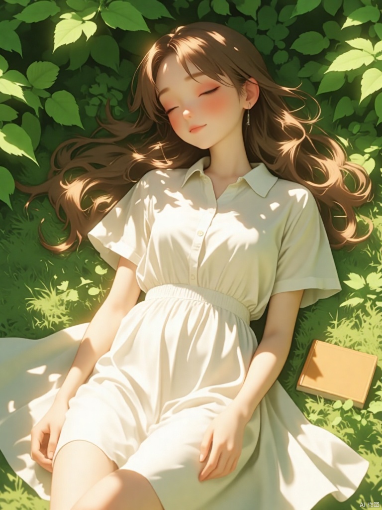 A serene scene unfolds: a single girl lies on lush green grass,Under the shade of the trees Leaf, Her long brown hair cascades down her back like a golden waterfall.  She wears a white collared shirt with short sleeves and a flowy white dress that drapes elegantly around her upper body..   while her eyes remain shut, lost in dreams. A book  beside her
