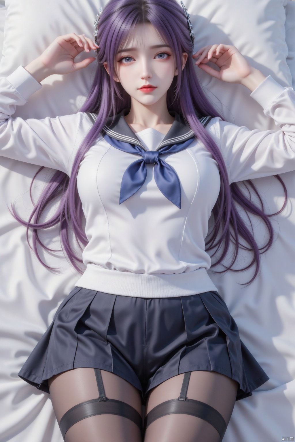 masterpiece,best quality,high quality,loli,Artist:inugami kira,(artist:ningen_mame:0.9),(artist:sho_(sho_lwlw):0.9),(artist:rhasta:0.9),(artist:wlop:0.7),(artist:ke-ta:0.6),(fkey:0.5),(tianliang duohe fangdongye:0.5),(hiten \(hitenkei\):0.6),loli,Artist sousoumaan,loli,Masterpiece, best quality, high quality, (colorful), large breasts, 

 1girl, solo, breasts, looking at viewer, blush, purple hair, bangs, blue eyes, shirt, long sleeves, closed mouth, school uniform, white shirt, longhair, pantyhose, lying, serafuku, on back, sailor collar, arms up, neckerchief, black pantyhose, on bed, no pants, thighband pantyhose, white sailor collar, blue neckerchief