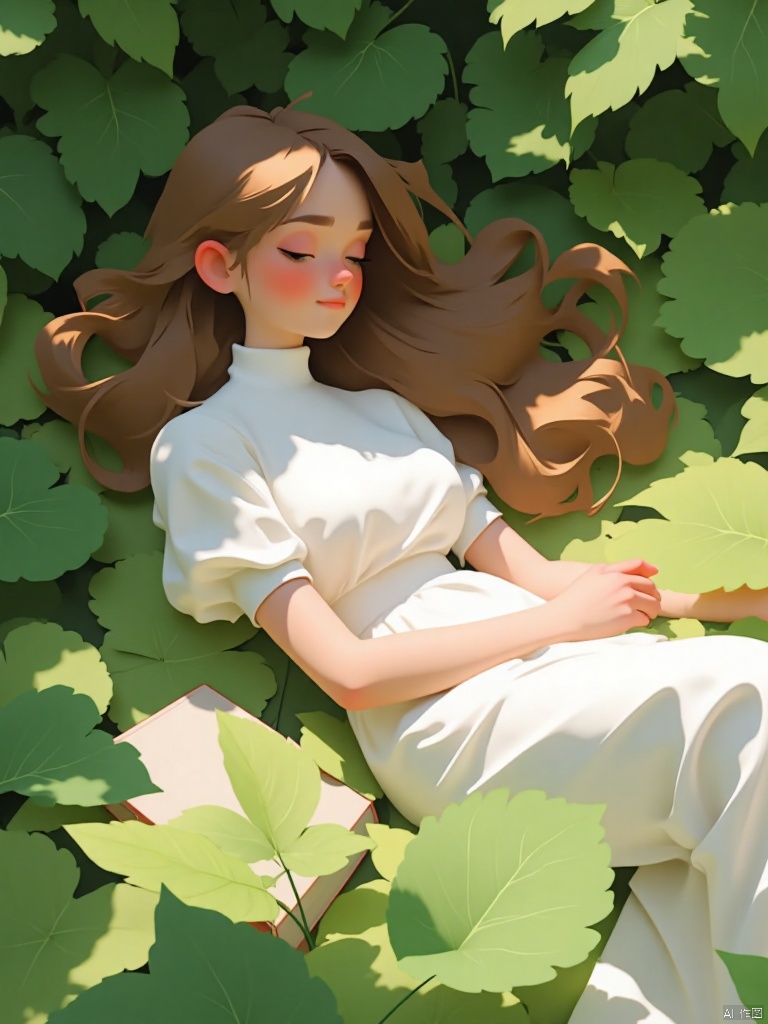 A serene scene unfolds: a single girl lies on lush green grass,Under the shade of the trees Leaf, Her long brown hair cascades down her back like a golden waterfall.  She wears a white collared shirt with short sleeves and a flowy white dress that drapes elegantly around her upper body..   while her eyes remain shut, lost in dreams. A book  beside her