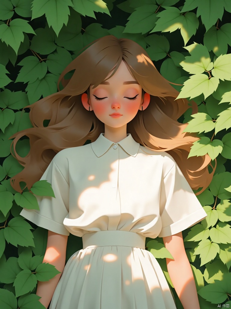 A serene scene unfolds: a single girl lies on lush green grass,Under the shade of the trees Leaf, Her long brown hair cascades down her back like a golden waterfall.  She wears a white collared shirt with short sleeves and a flowy white dress that drapes elegantly around her upper body..   while her eyes remain shut, lost in dreams. A book  beside her
