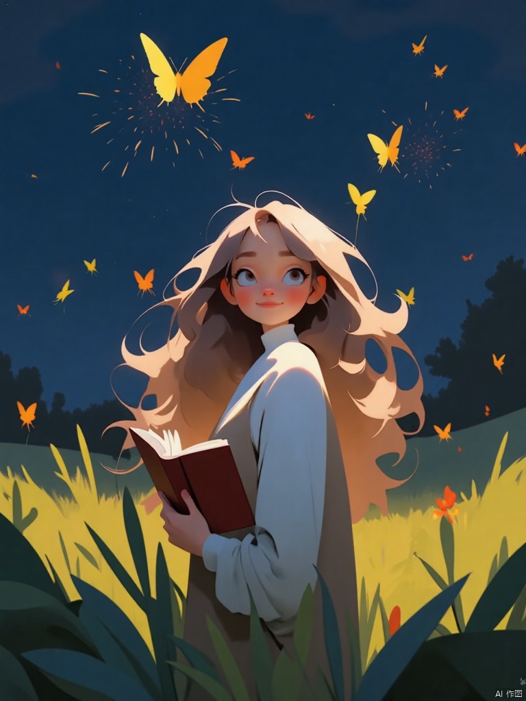 1girl, solo, long hair, blush, smile, brown hair, long sleeves, dress, standing, jacket, :d, outdoors, book, night, grass, bug, looking up, butterfly, fireworks, fireflies, sparkler, yellow butterfly,cartoon style,pixar style,guanghui,color trace,,vector style