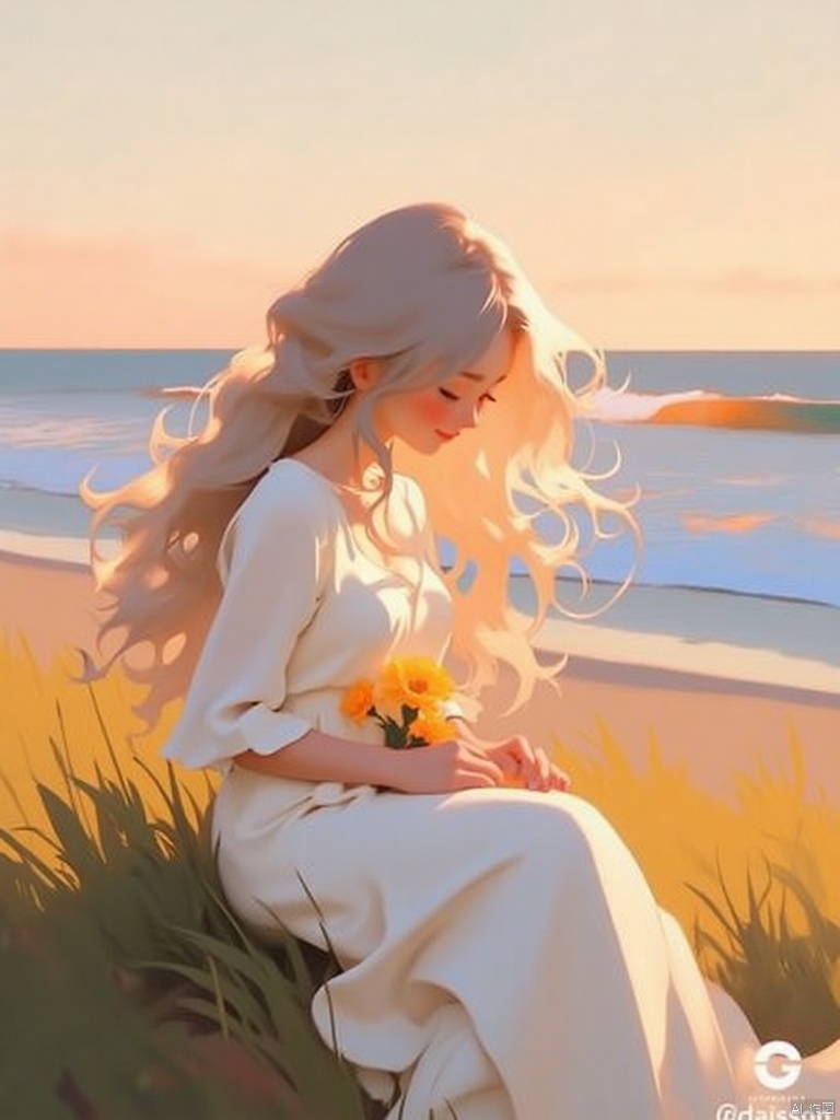 A serene portrait of a lone woman, her long hair flowing down the back, as she sits in a picturesque outdoor setting with the vast ocean stretching out before her. She wears a stunning white dress that drapes elegantly over her upper body, its sleeves extending past her elbows. Her closed eyes and subtle smile convey a sense of peacefulness. In her hand, she gently cradles a bright yellow flower as the warm sunset light casts a golden glow on the scene. The artist's signature watermark appears discreetly in the lower right corner. The sky above is painted with hues of pink and orange, meeting the horizon where the ocean's waves lap at the shore.
