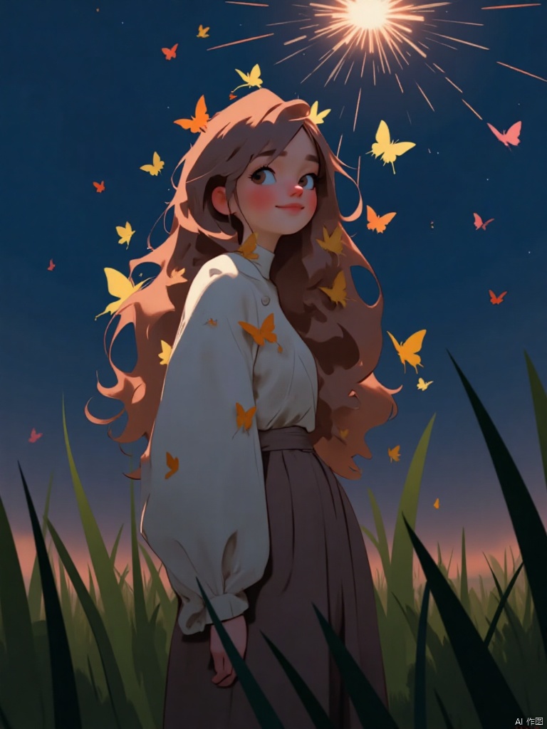1girl, solo, long hair, blush, smile, open mouth, brown hair, long sleeves, dress, standing, jacket, :d, outdoors, teeth, book, night, grass, bug, looking up, butterfly, fireworks, fireflies, sparkler, yellow butterfly