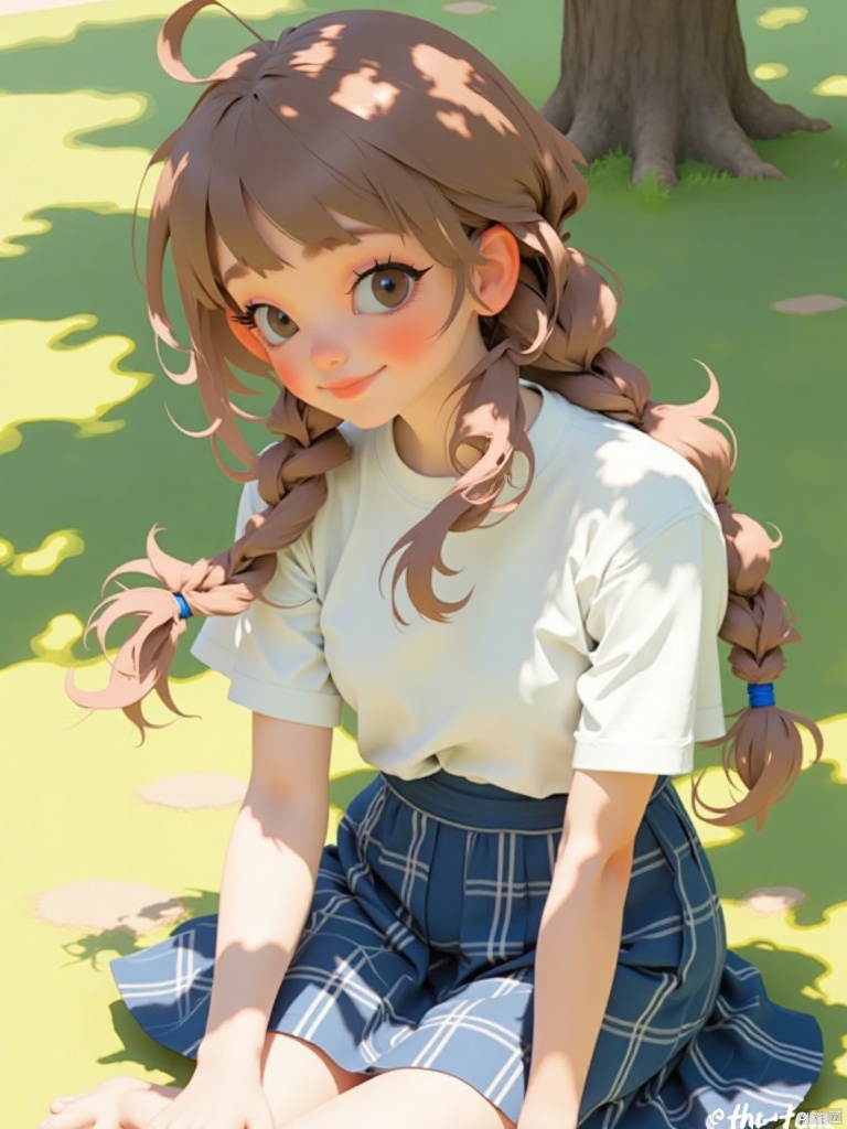 1girl, solo, long hair, looking at viewer, smile, bangs, skirt, brown hair, shirt, black hair, brown eyes, sitting, white shirt, braid, short sleeves, outdoors, artist name, twin braids, tree, lips, blue skirt, plaid, feet out of frame, shadow, watermark, plaid skirt, sunlight, red lips, shade, dappled sunlight
