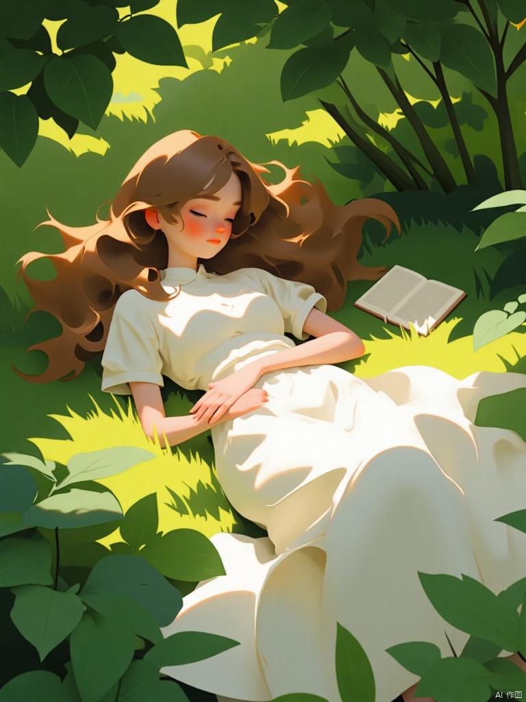A serene scene unfolds: a single girl lies on lush green grass,Under the shade of the trees Leaf, Her long brown hair cascades down her back like a golden waterfall.  She wears a white collared shirt with short sleeves and a flowy white dress that drapes elegantly around her upper body..   while her eyes remain shut, lost in dreams. A book  beside her