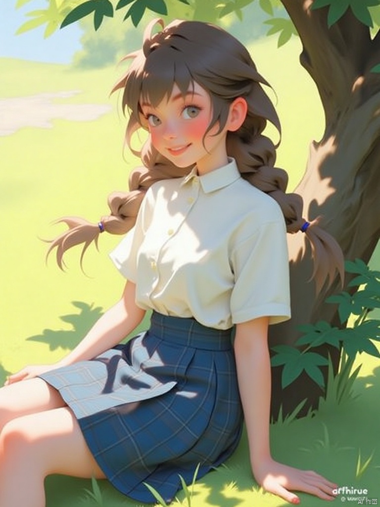 1girl, solo, long hair, looking at viewer, smile, bangs, skirt, brown hair, shirt, black hair, brown eyes, sitting, white shirt, braid, short sleeves, outdoors, artist name, twin braids, tree, lips, blue skirt, plaid, feet out of frame, shadow, watermark, plaid skirt, sunlight, red lips, shade, dappled sunlight