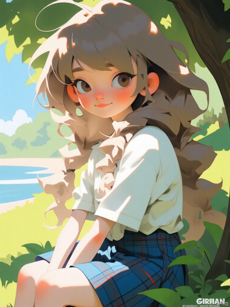 1girl, solo, long hair, looking at viewer, smile, bangs, skirt, brown hair, shirt, black hair, brown eyes, sitting, white shirt, braid, short sleeves, outdoors, artist name, twin braids, tree, lips, blue skirt, plaid, feet out of frame, shadow, watermark, plaid skirt, sunlight, red lips, shade, dappled sunlight