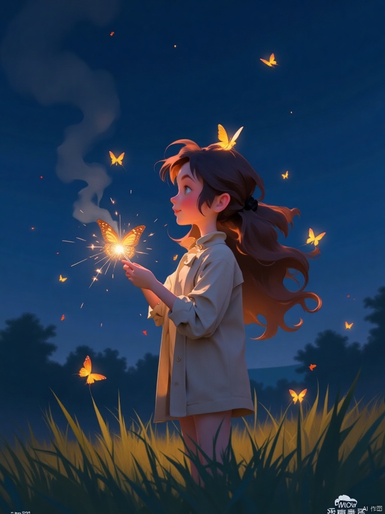 1girl, solo, long hair, blush, smile, brown hair, long sleeves, dress, standing, jacket, :d, outdoors, book, night, grass, bug, looking up, butterfly, fireworks, fireflies, sparkler, yellow butterfly,cartoon style,pixar style,guanghui,color trace,vector style