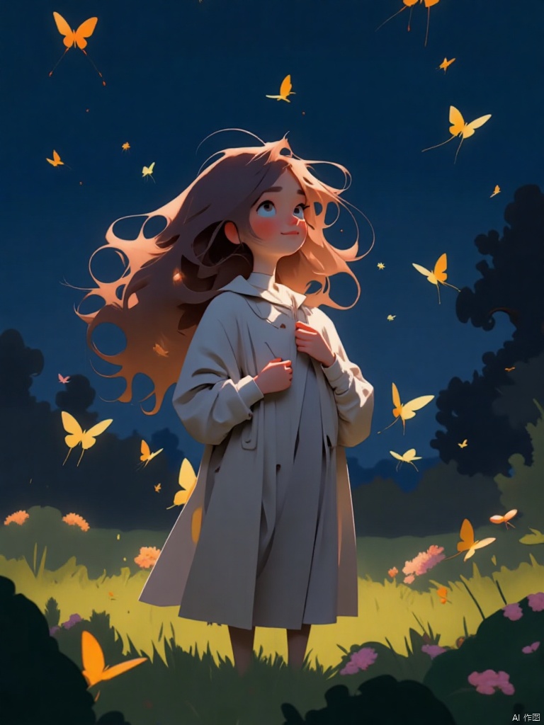 1girl, solo, long hair, blush, smile, brown hair, long sleeves, dress, standing, jacket, :d, outdoors, book, night, grass, bug, looking up, butterfly, fireworks, fireflies, sparkler, yellow butterfly,cartoon style,pixar style,guanghui,color trace,,vector style