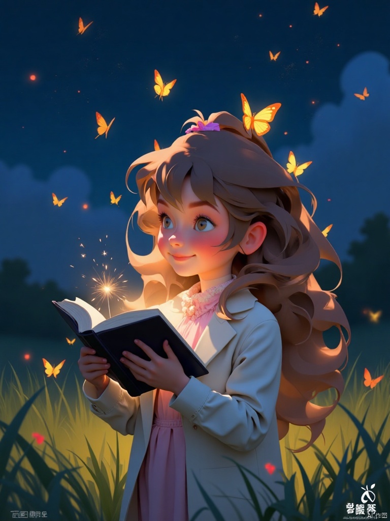 1girl, solo, long hair, blush, smile, brown hair, long sleeves, dress, standing, jacket, :d, outdoors, book, night, grass, bug, looking up, butterfly, fireworks, fireflies, sparkler, yellow butterfly,cartoon style,pixar style,guanghui,color trace,vector style