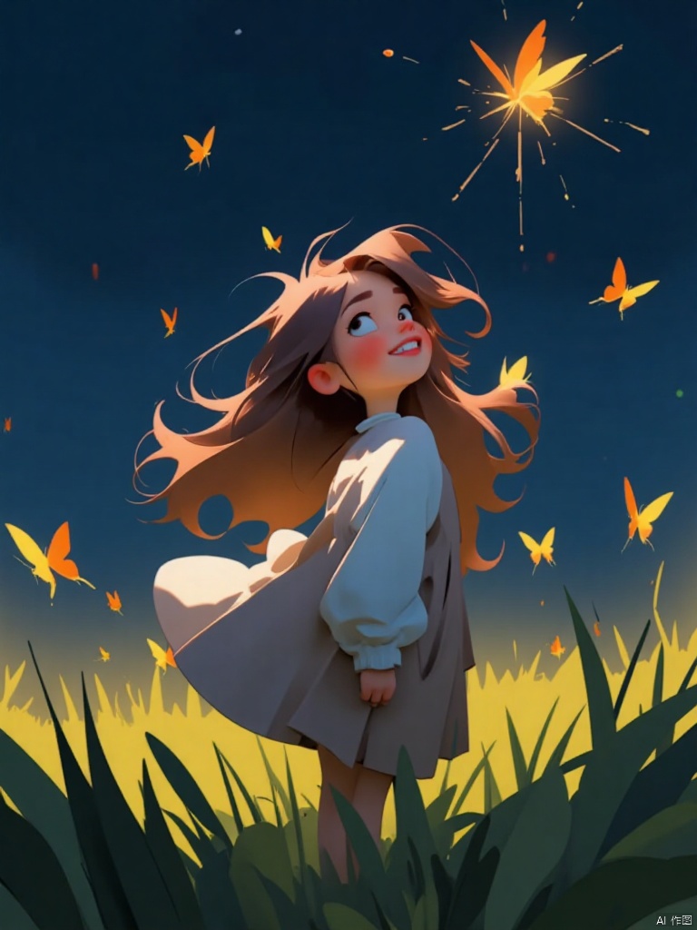 1girl, solo, long hair, blush, smile, open mouth, brown hair, long sleeves, dress, standing, jacket, :d, outdoors, teeth, book, night, grass, bug, looking up, butterfly, fireworks, fireflies, sparkler, yellow butterfly,cartoon style,pixar style
