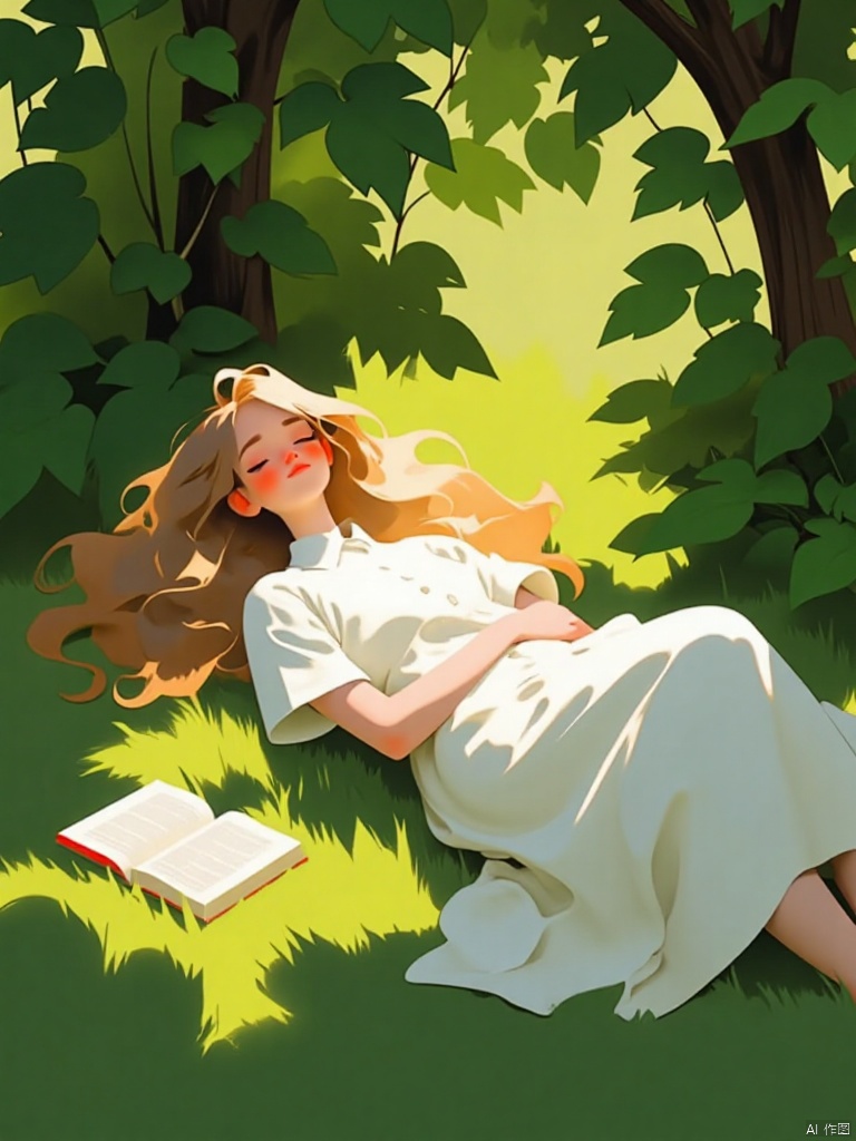A serene scene unfolds: a single girl lies on lush green grass,Under the shade of the trees Leaf, Her long brown hair cascades down her back like a golden waterfall.  She wears a white collared shirt with short sleeves and a flowy white dress that drapes elegantly around her upper body..   while her eyes remain shut, lost in dreams. A book  beside her