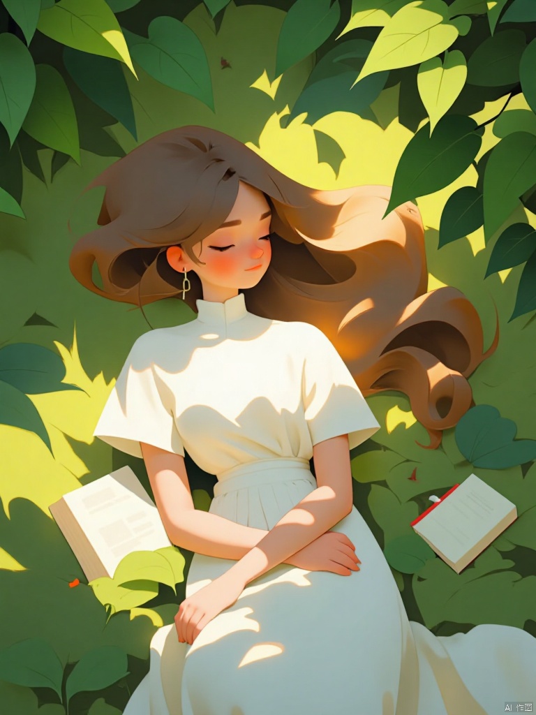 A serene scene unfolds: a single girl lies on lush green grass,Under the shade of the trees Leaf, Her long brown hair cascades down her back like a golden waterfall.  She wears a white collared shirt with short sleeves and a flowy white dress that drapes elegantly around her upper body..   while her eyes remain shut, lost in dreams. A book  beside her