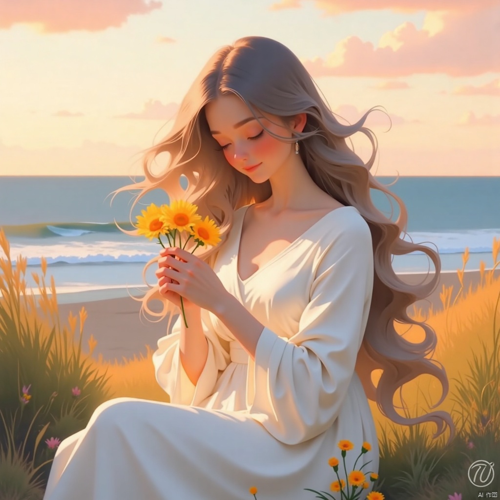 A serene portrait of a lone woman, her long hair flowing down the back, as she sits in a picturesque outdoor setting with the vast ocean stretching out before her. She wears a stunning white dress that drapes elegantly over her upper body, its sleeves extending past her elbows. Her closed eyes and subtle smile convey a sense of peacefulness. In her hand, she gently cradles a bright yellow flower as the warm sunset light casts a golden glow on the scene. The artist's signature watermark appears discreetly in the lower right corner. The sky above is painted with hues of pink and orange, meeting the horizon where the ocean's waves lap at the shore.