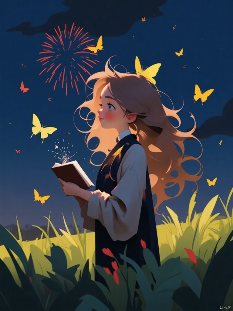 1girl, solo, long hair, blush, smile, open mouth, brown hair, long sleeves, dress, standing, jacket, :d, outdoors, teeth, book, night, grass, bug, looking up, butterfly, fireworks, fireflies, sparkler, yellow butterfly,cartoon style,pixer style