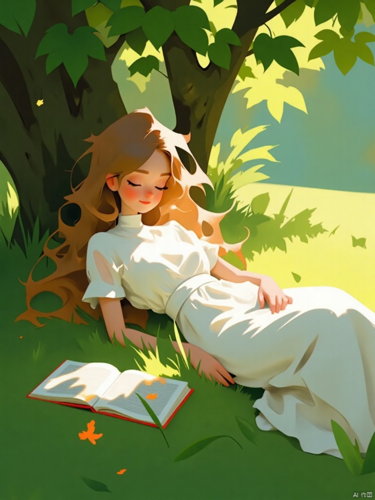 A serene scene unfolds: a single girl lies on lush green grass,Under the shade of the trees Leaf, Her long brown hair cascades down her back like a golden waterfall. She wears  a flowy white dress that drapes elegantly around her upper body.  Her lips curve into a subtle smile, while her eyes remain shut, lost in dreams. A book  beside her,guanghui,color trace,