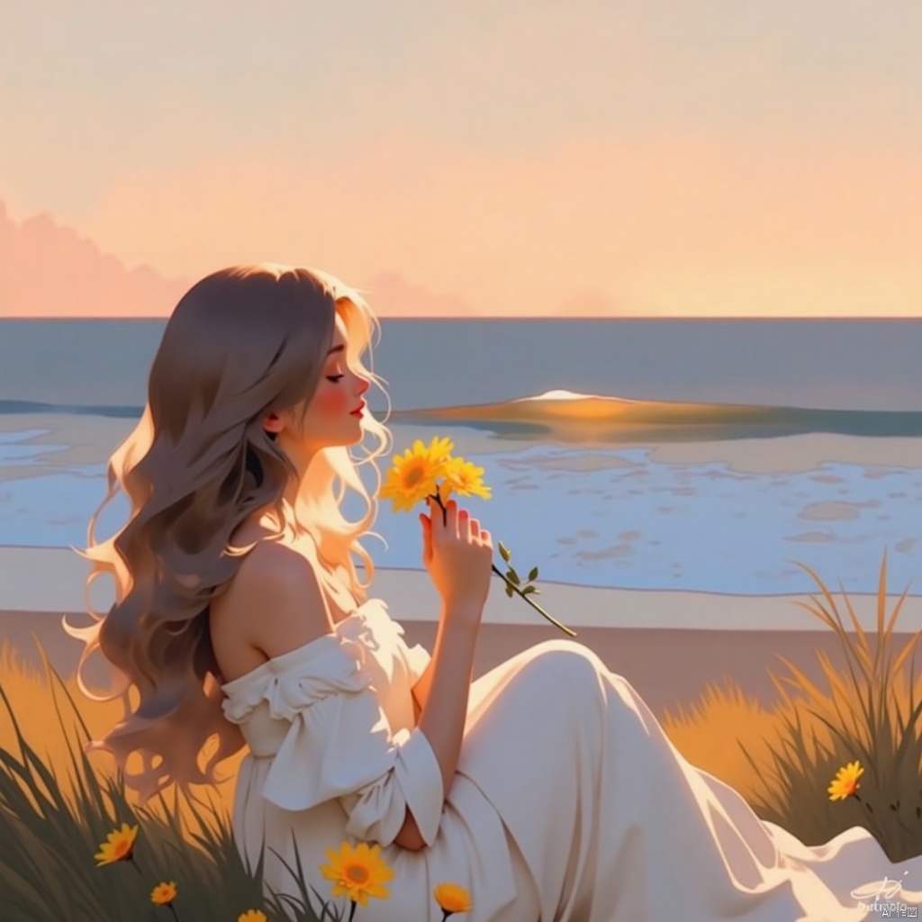 A serene portrait of a lone woman, her long hair flowing down the back, as she sits in a picturesque outdoor setting with the vast ocean stretching out before her. She wears a stunning white dress that drapes elegantly over her upper body, its sleeves extending past her elbows. Her closed eyes and subtle smile convey a sense of peacefulness. In her hand, she gently cradles a bright yellow flower as the warm sunset light casts a golden glow on the scene. The artist's signature watermark appears discreetly in the lower right corner. The sky above is painted with hues of pink and orange, meeting the horizon where the ocean's waves lap at the shore.