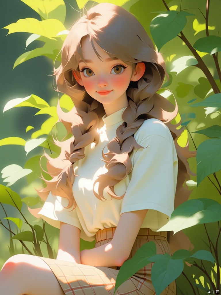 A stunning portrait of a young woman sitting amidst the serenity of nature. The artist's subject, with long brown hair flowing down her back in twin braids, gazes directly at the viewer with a warm smile. Her bright brown eyes sparkle under the dappled sunlight filtering through the trees. She wears a white shirt with short sleeves and a plaid skirt that matches the shade of the surrounding foliage. Her lips are painted a bold red, adding a pop of color to the serene scene. The camera captures her from the waist up, with her feet partially out of frame, as she sits in the midst of a lush green environment.