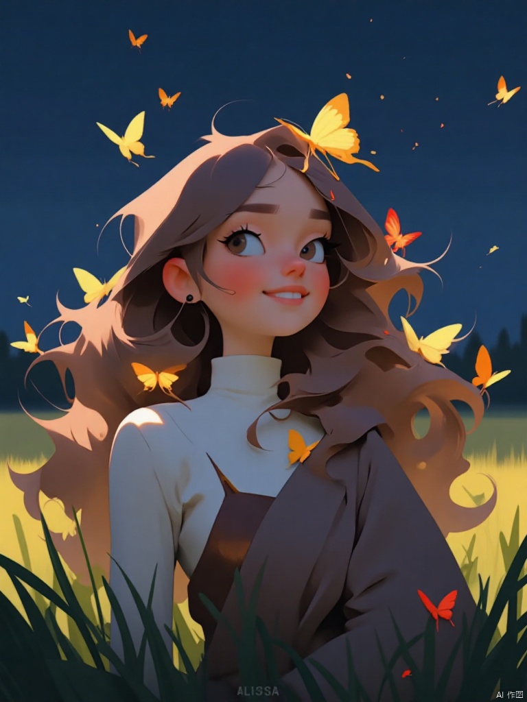 1girl, solo, long hair, blush, smile, open mouth, brown hair, long sleeves, dress, standing, jacket, :d, outdoors, teeth, book, night, upper teeth only, grass, bug, looking up, butterfly, fireworks, fireflies, sparkler, yellow butterfly