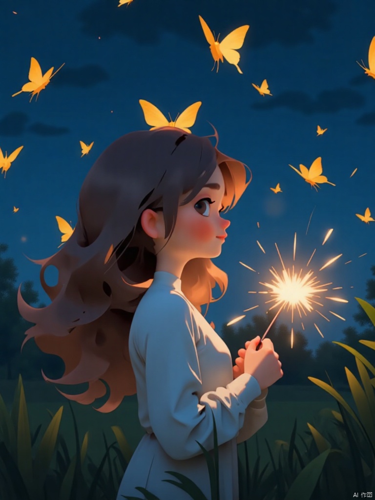 1girl, solo, long hair, blush, smile, brown hair, long sleeves, dress, standing, jacket, :d, outdoors, book, night, grass, bug, looking up, butterfly, fireworks, fireflies, sparkler, yellow butterfly,cartoon style,pixar style,guanghui,color trace,vector style