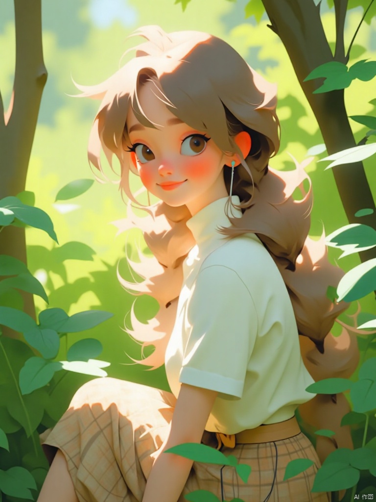 A stunning portrait of a young woman sitting amidst the serenity of nature. The artist's subject, with long brown hair flowing down her back in twin braids, gazes directly at the viewer with a warm smile. Her bright brown eyes sparkle under the dappled sunlight filtering through the trees. She wears a white shirt with short sleeves and a plaid skirt that matches the shade of the surrounding foliage. Her lips are painted a bold red, adding a pop of color to the serene scene. The camera captures her from the waist up, with her feet partially out of frame, as she sits in the midst of a lush green environment.,vector style,guanghui,color trace,pixar style,cartoon style