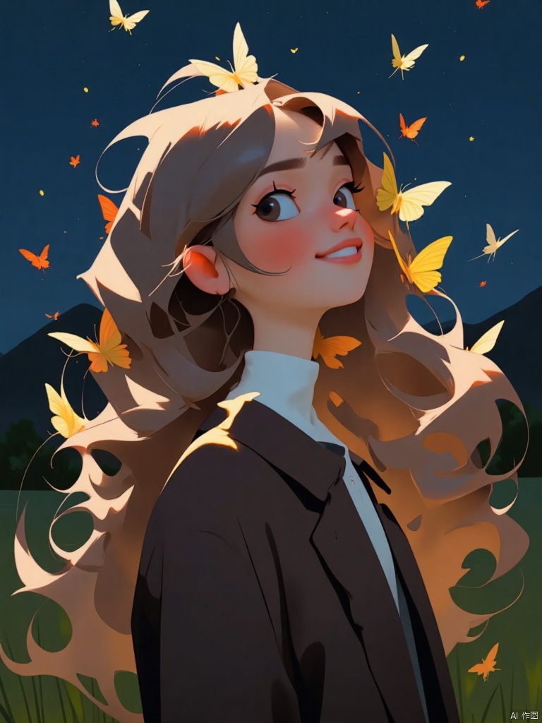 1girl, solo, long hair, blush, smile, open mouth, brown hair, long sleeves, dress, standing, jacket, :d, outdoors, teeth, book, night, grass, bug, looking up, butterfly, fireworks, fireflies, sparkler, yellow butterfly