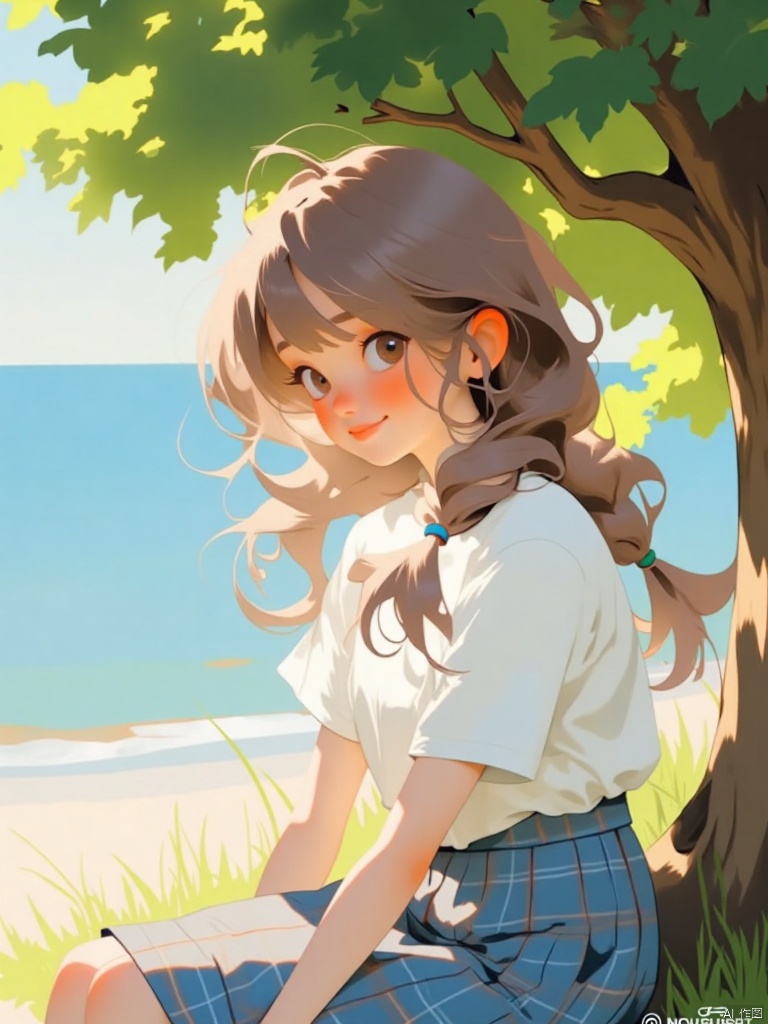 1girl, solo, long hair, looking at viewer, smile, bangs, skirt, brown hair, shirt, black hair, brown eyes, sitting, white shirt, braid, short sleeves, outdoors, artist name, twin braids, tree, lips, blue skirt, plaid, feet out of frame, shadow, watermark, plaid skirt, sunlight, red lips, shade, dappled sunlight