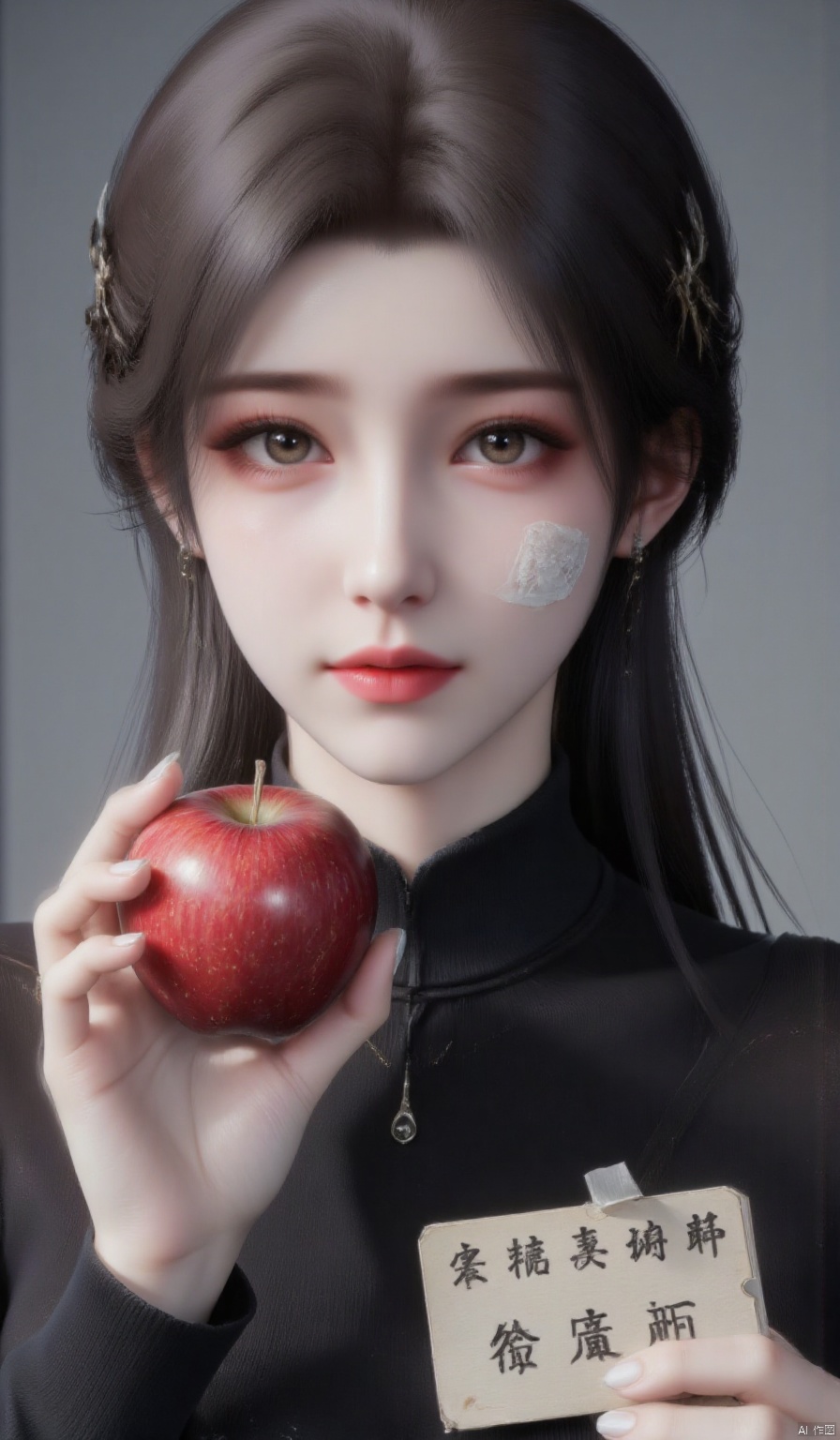 1girl, solo,looking at viewer, smile,hands holding a red apple, black hair,brown eyes, upper body, ponytail, teeth, lips, bandaid, sign, realistic, black turtleneck sweater,Xxiaoxuner