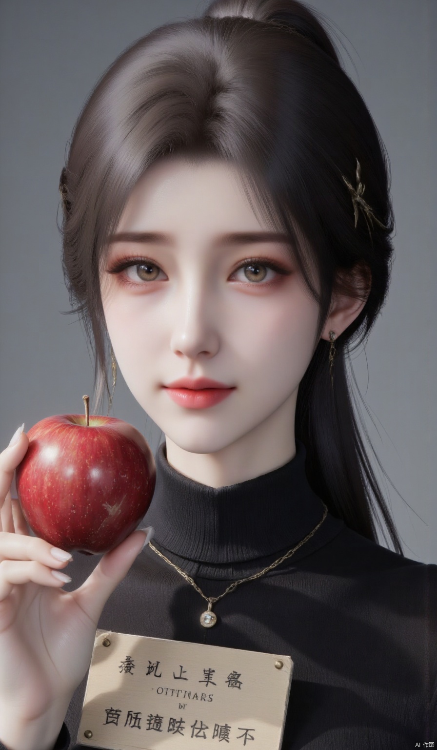 1girl, solo,looking at viewer, smile,hands holding a red apple, black hair,brown eyes, upper body, ponytail, teeth, lips, bandaid, sign, realistic, black turtleneck sweater,Xxiaoxuner,xs
