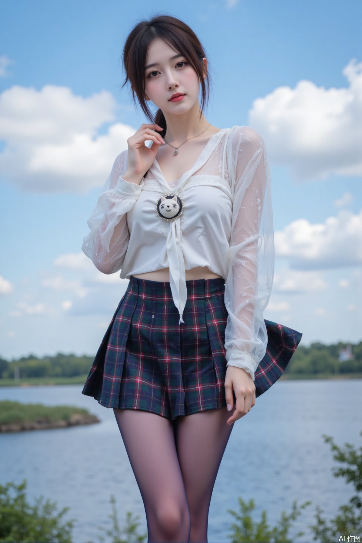 Masterpiece, best quality, stunning details, realistic photos, 1girl, ponytail, high quality fair skin, big breast, school uniform, plaid skirt, (shiny pantyhose), upper body, riverside, blue sky and clouds, greening,