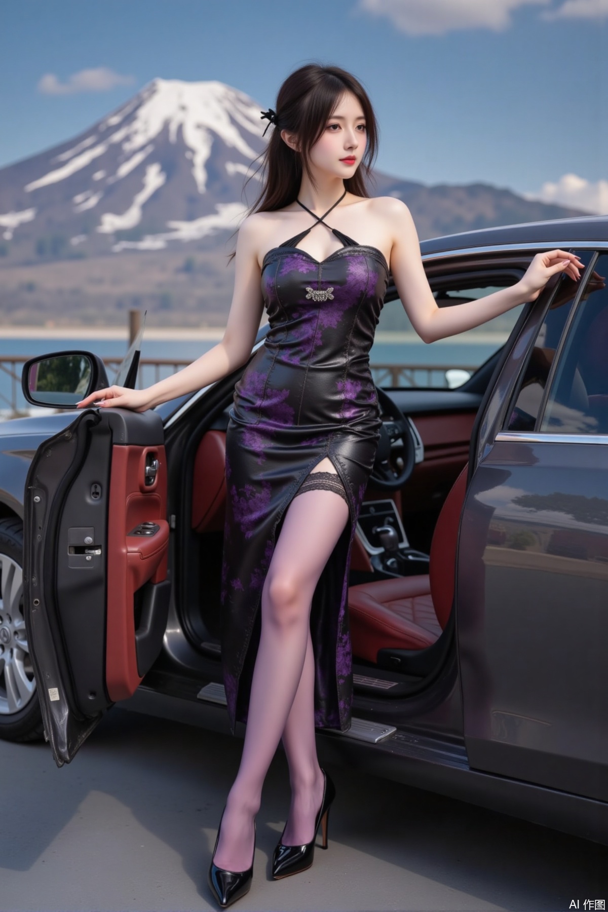 masterpiece,best quality,stunning details,photo_realistic,1girl,idol,long hair,high detail fair skin,big breasts,leather strapless,pencil skirt,(shiny pantyhose),panties,long legs,high heels,full body,inside luxury car, fashionable posture, snow Mountain,