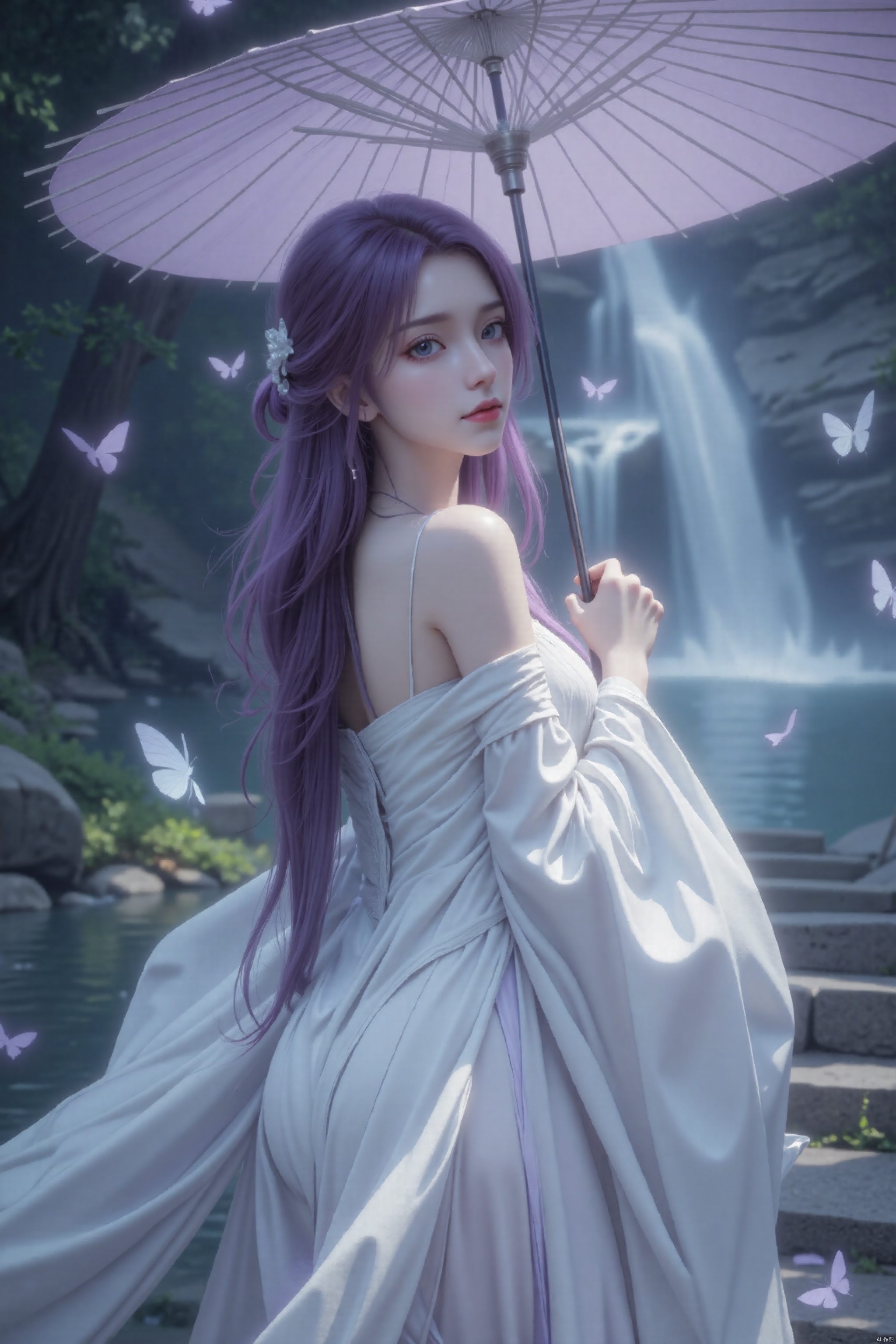 1 girl, alone, long hair, looking at viewer, long sleeves, dress, holding, bare shoulders, purple hair, outdoors, looking back, wide sleeves, water, bare shoulders, white dress, umbrella, bugs, butterflies, Stairs, holding umbrella, oil paper umbrella, waterfall, left face exposed, background blurred, dynamic pose, low angle shot.